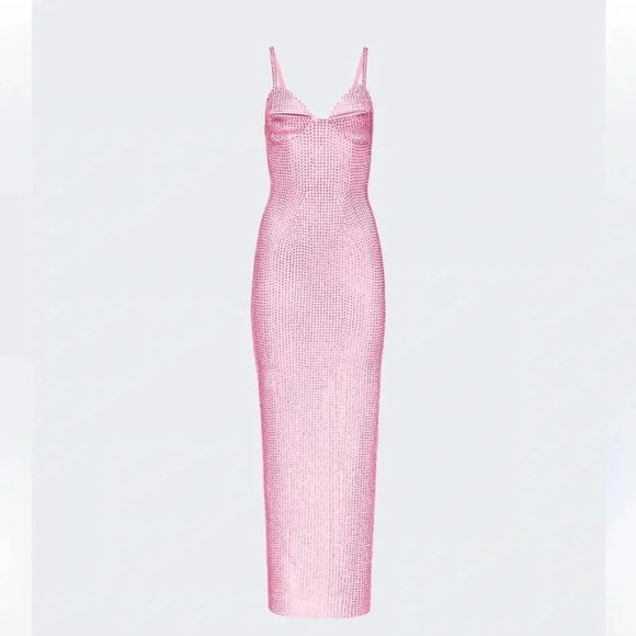 ASO Megan Fox NWT AREA Rose Pink Crystal Embellished Maxi Slit Party Gown XL - Picture 2 of 16